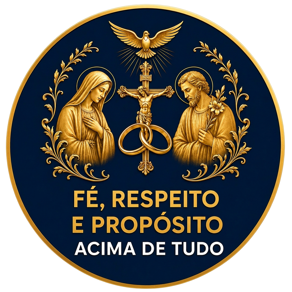 Cruz dourada com alianças e pomba do Espírito Santo